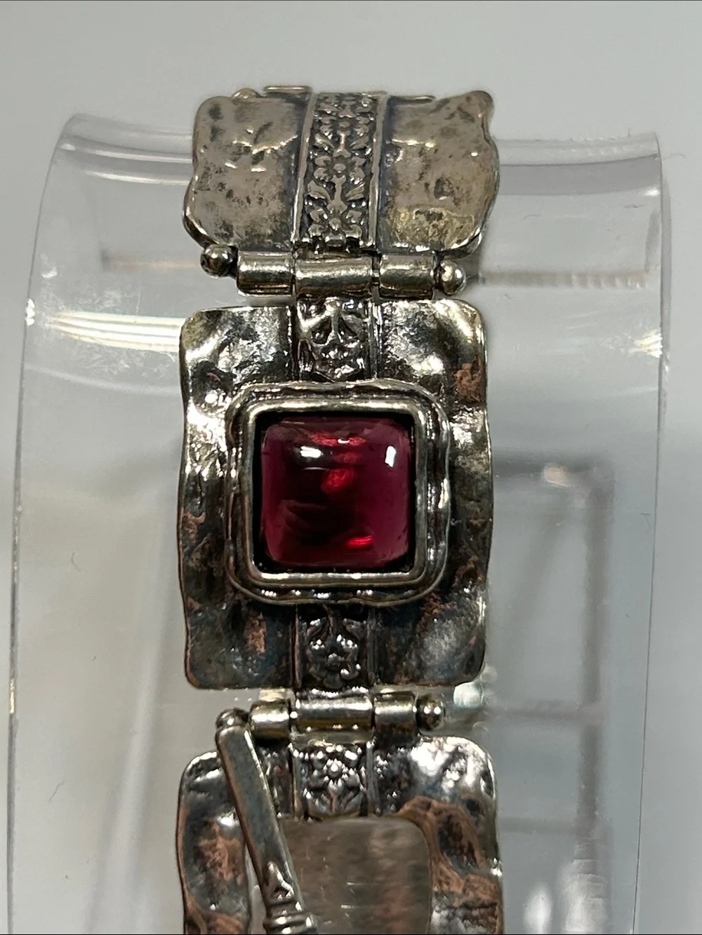 NWT Passage To Israel Hammered Panel Link Genuine Garnet Gemstone Bracelet